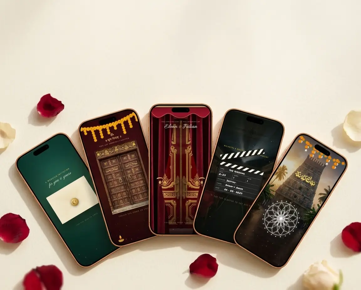 Five wedding invitation templates on phones